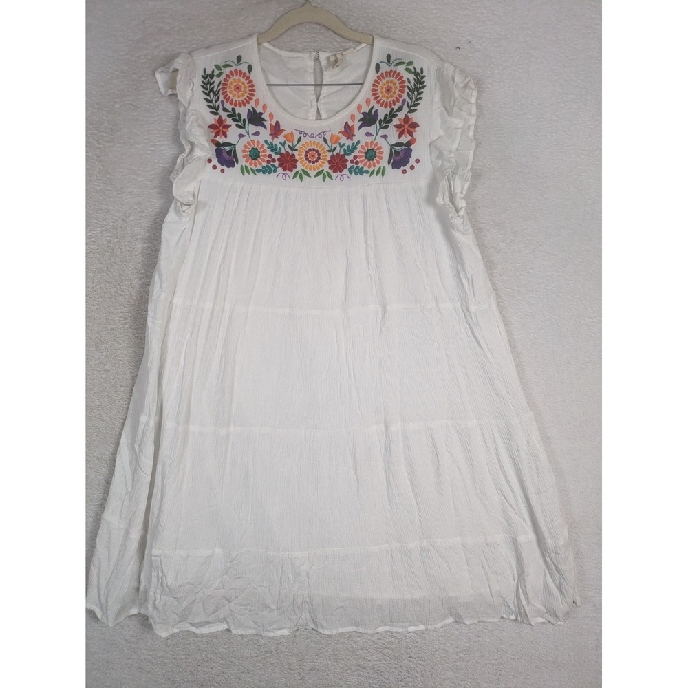 Studio West Dress Women's Medium White Floral Embroidered Tiered Flutter Sleeve